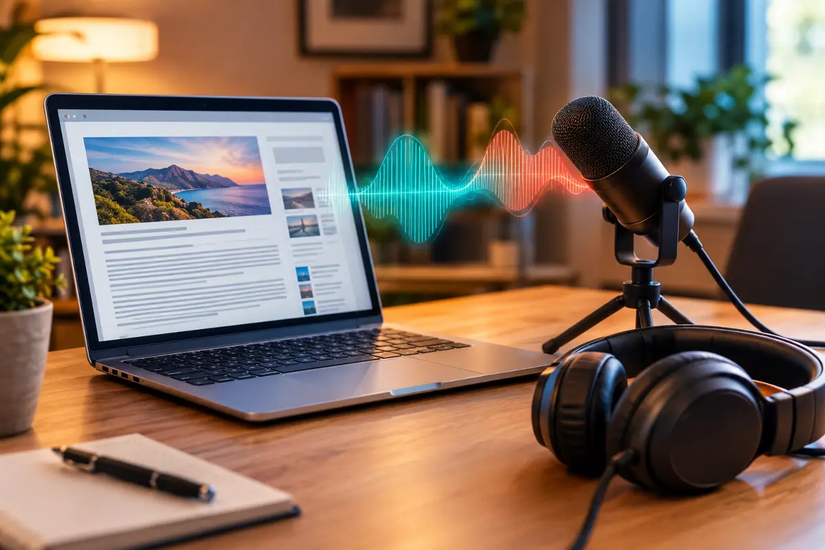 Μικρόφωνο podcast με ηχητικό κύμα που βγαίνει από ένα άρθρο στην οθόνη του υπολογιστή