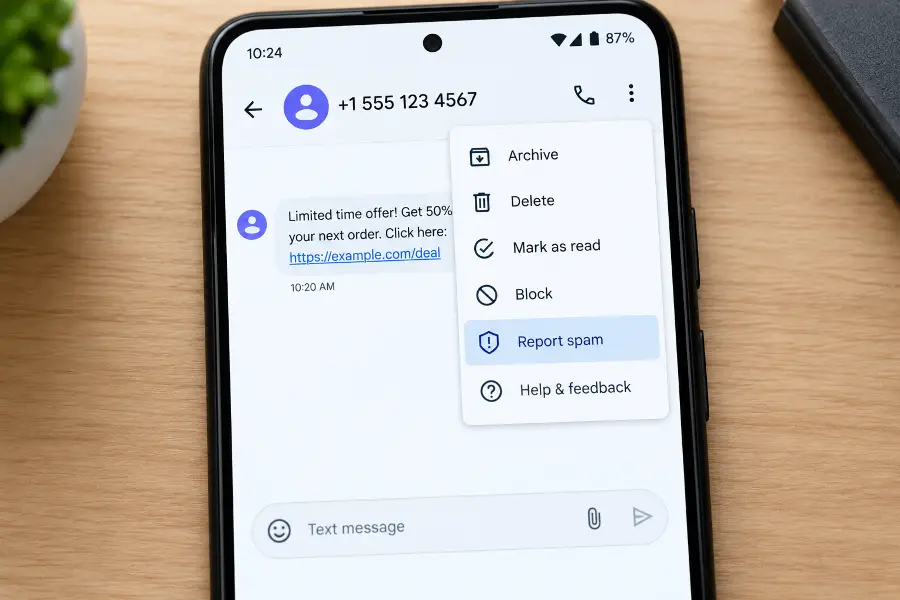 Android Messages app showing the menu option to report a conversation as spam