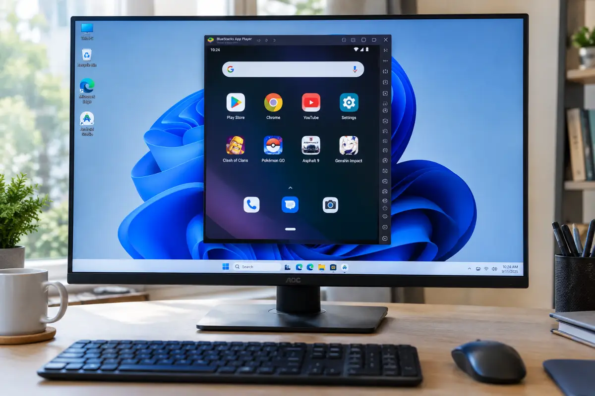 Android apps running on a Windows 11 desktop through an emulator on a large monitor