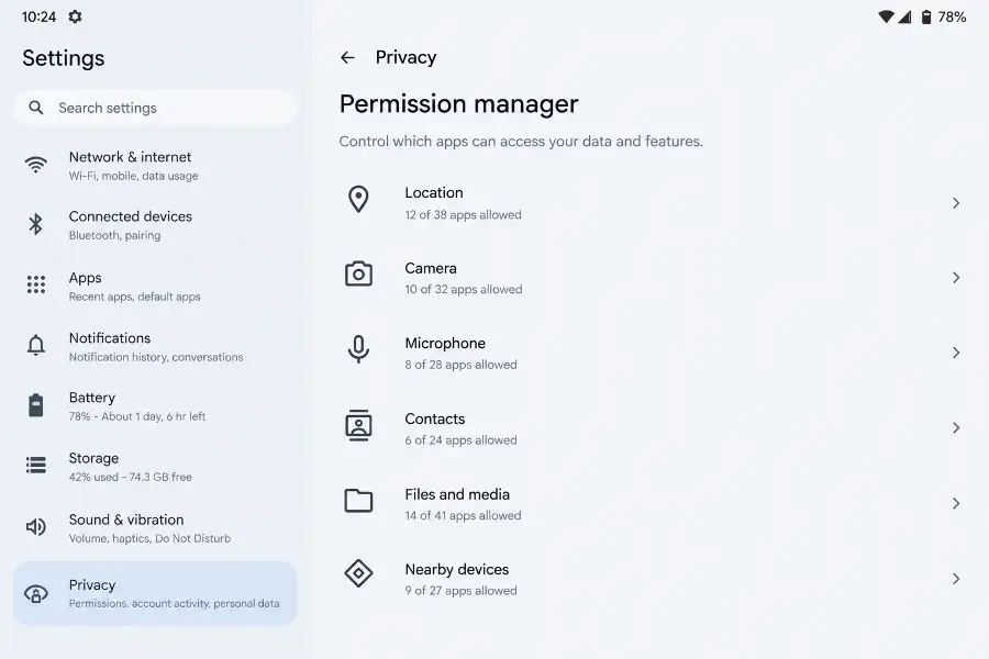 Android app permissions screen showing which apps have access to location, microphone and contacts