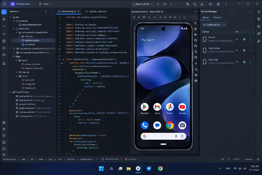 Android Studio Device Manager on Windows 11 with a running Pixel virtual device