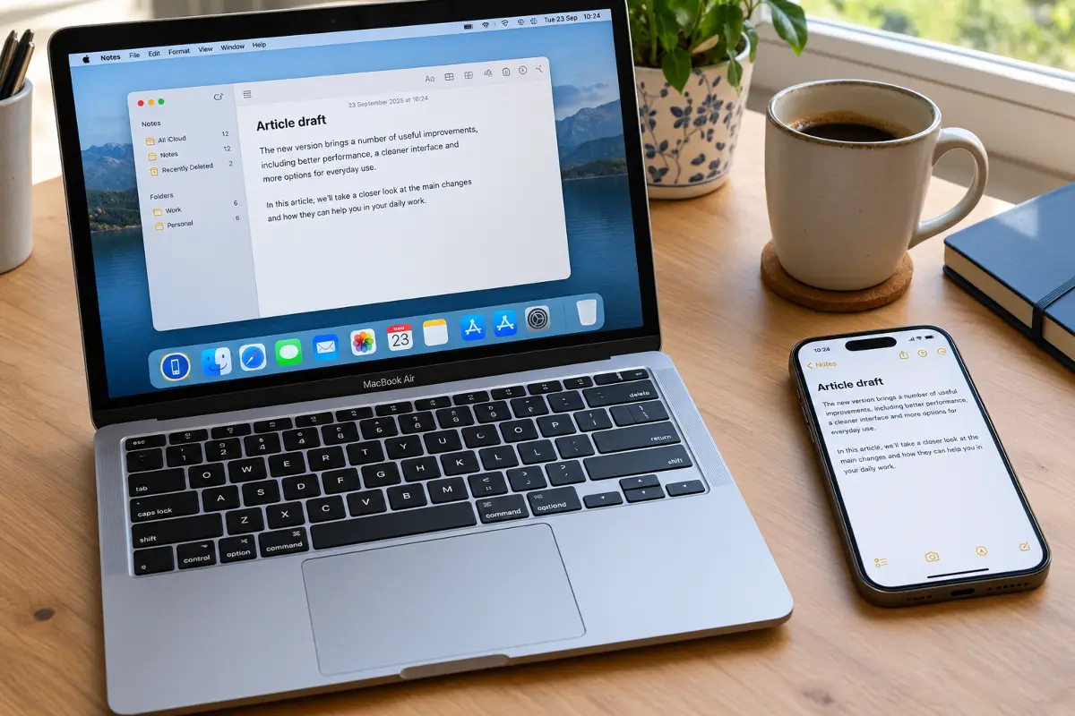 MacBook and iPhone side by side on a desk, the same Notes document open on both screens
