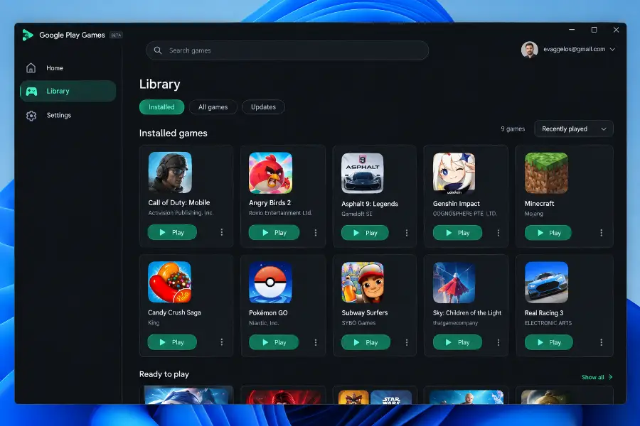Google Play Games for PC library on Windows 11 with installed Android games
