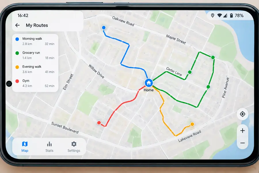 A running app map showing repeated GPS routes converging on a single residential starting point