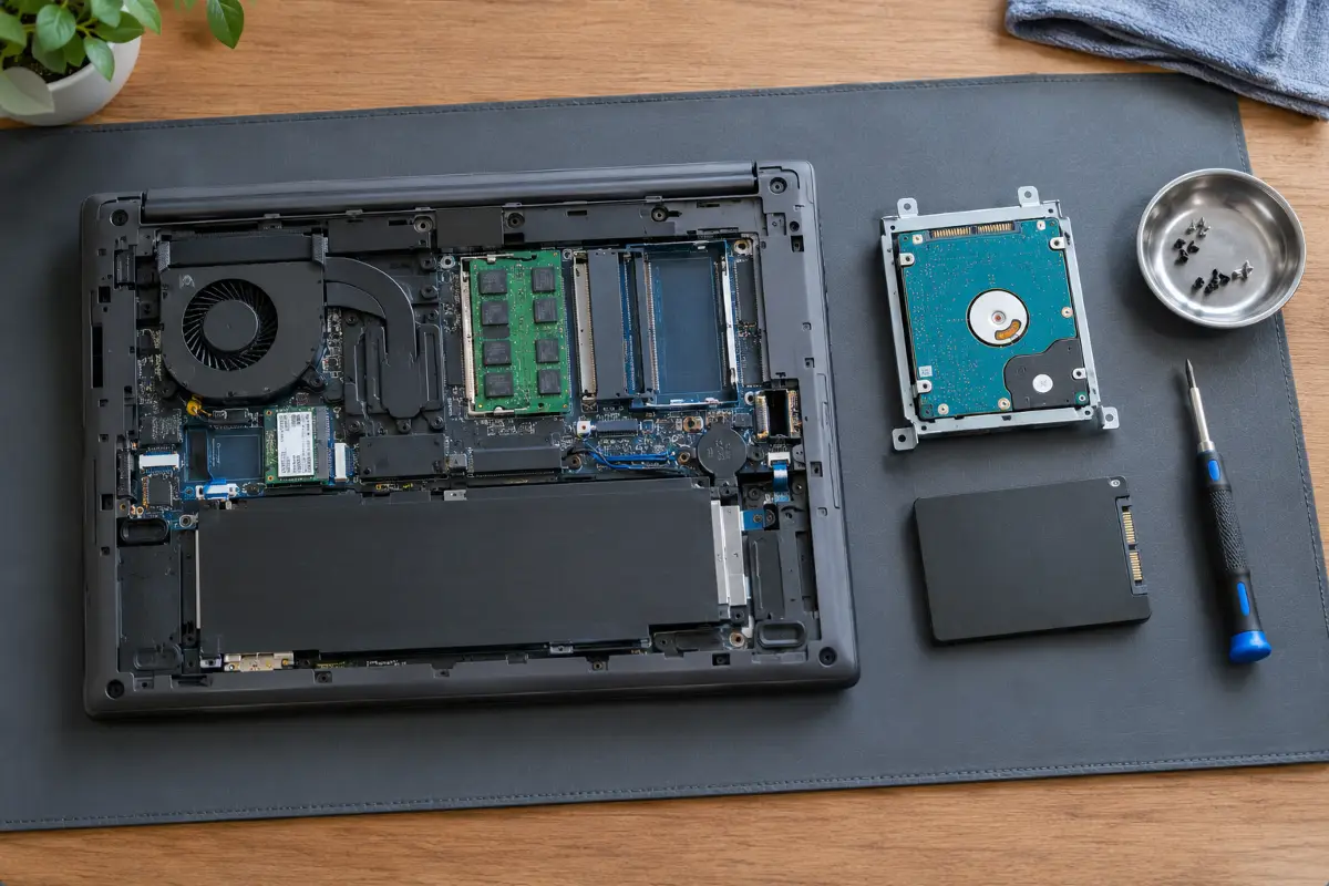 Old laptop hard drive next to a new 2.5-inch SATA SSD during an upgrade