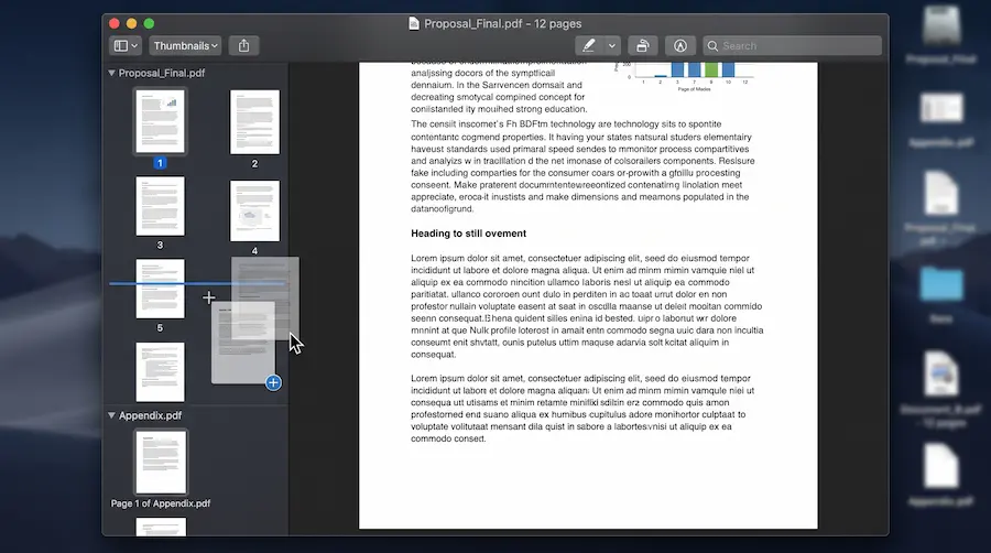 Preview app sidebar showing two PDF documents being merged by dragging pages