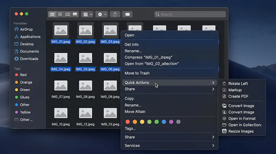 Finder right-click context menu with Quick Actions submenu expanded showing custom automation options