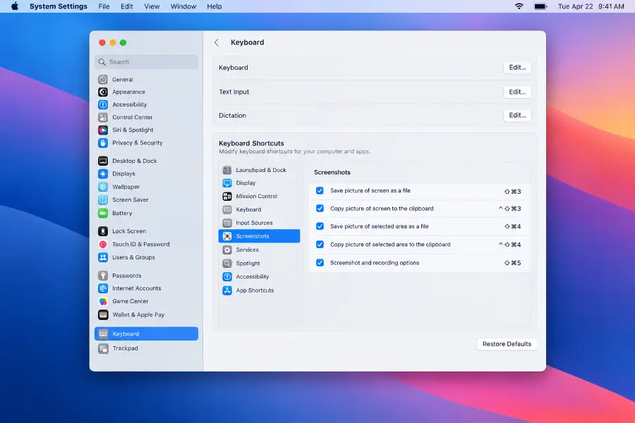 macOS System Settings showing the Screenshots section under Keyboard Shortcuts