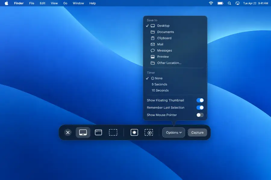 Options menu of the Mac Screenshot toolbar showing Save to, Timer and other settings