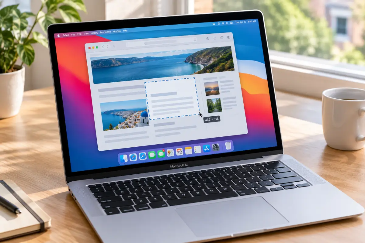 MacBook on a desk showing a screenshot being captured with the selection crosshair