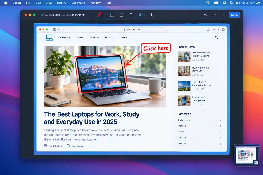 Mac screenshot thumbnail in the corner and the Markup editor with drawing and text tools