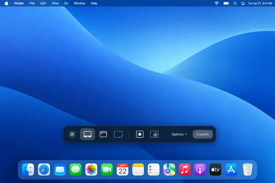 macOS Screenshot toolbar at the bottom of the screen with capture and recording buttons