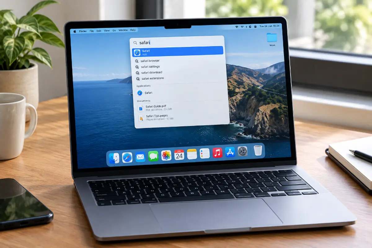 MacBook showing macOS desktop with menu bar and Spotlight search open