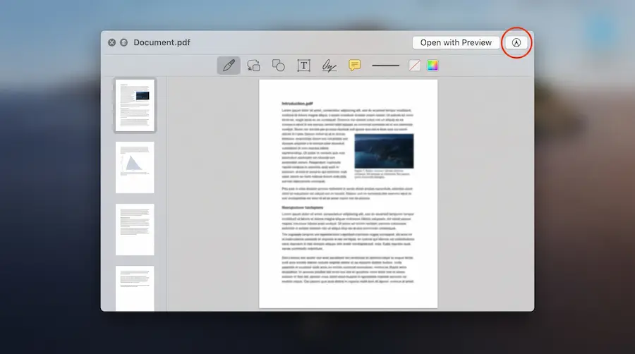 Quick Look preview window showing markup toolbar with annotation and signature icons