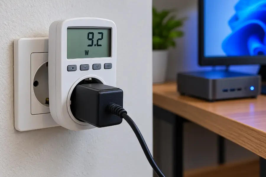 Plug-in wall power meter showing a mini PC drawing 9 watts at idle