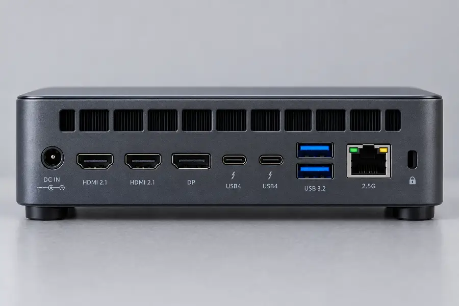 Back panel of a mini PC showing HDMI, DisplayPort, USB4 and Ethernet ports