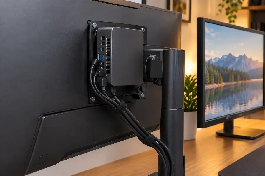 Mini PC mounted on a VESA bracket behind a monitor with tidy cables
