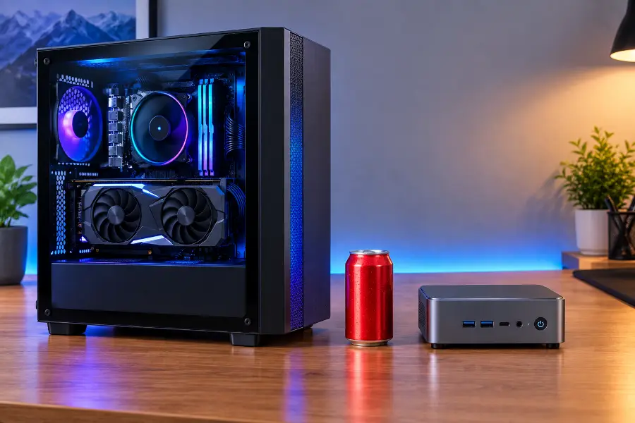 Mini PC and mid-tower desktop placed side by side on a desk to show the size difference