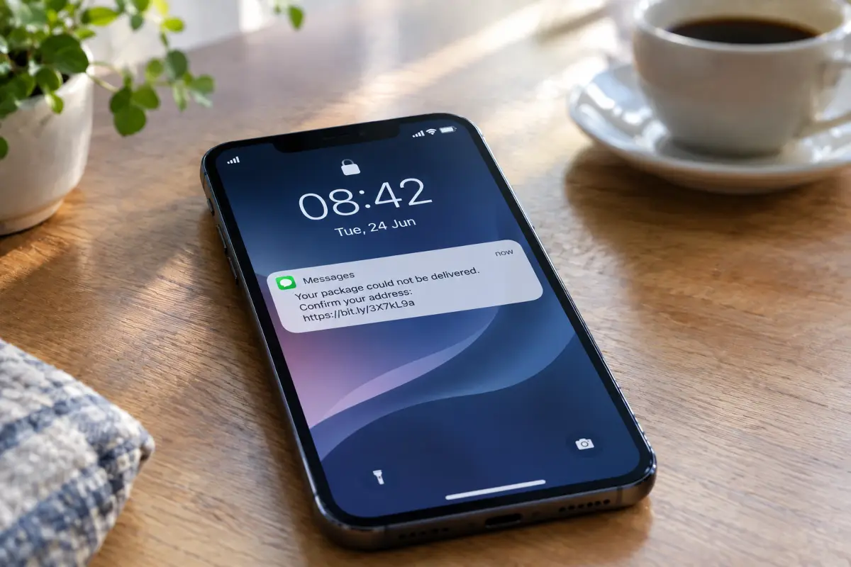 A phone lock screen showing an unread text message claiming a package delivery failed, with a shortened link