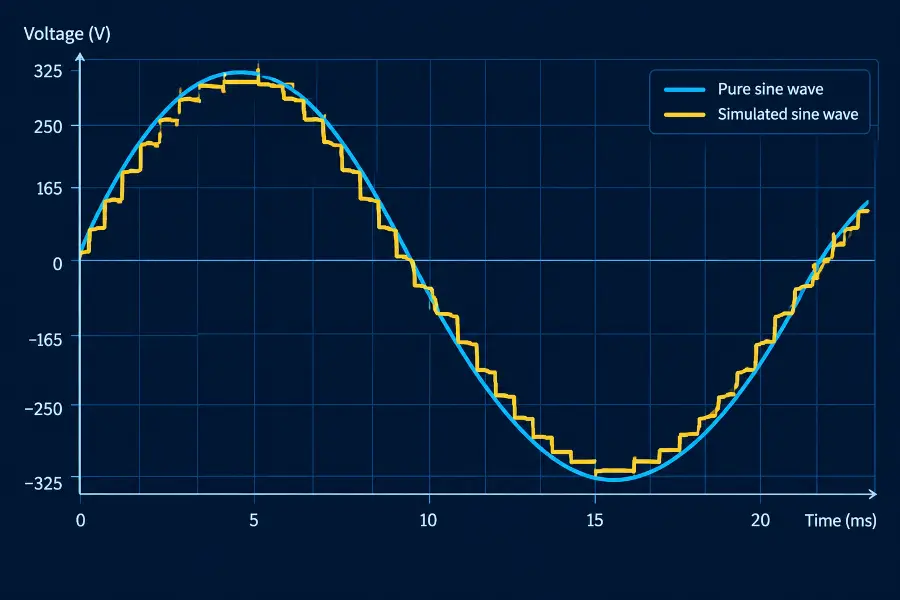 Oscilloscope-style graph comparing a stepped simulated sine wave against a smooth pure sine wave