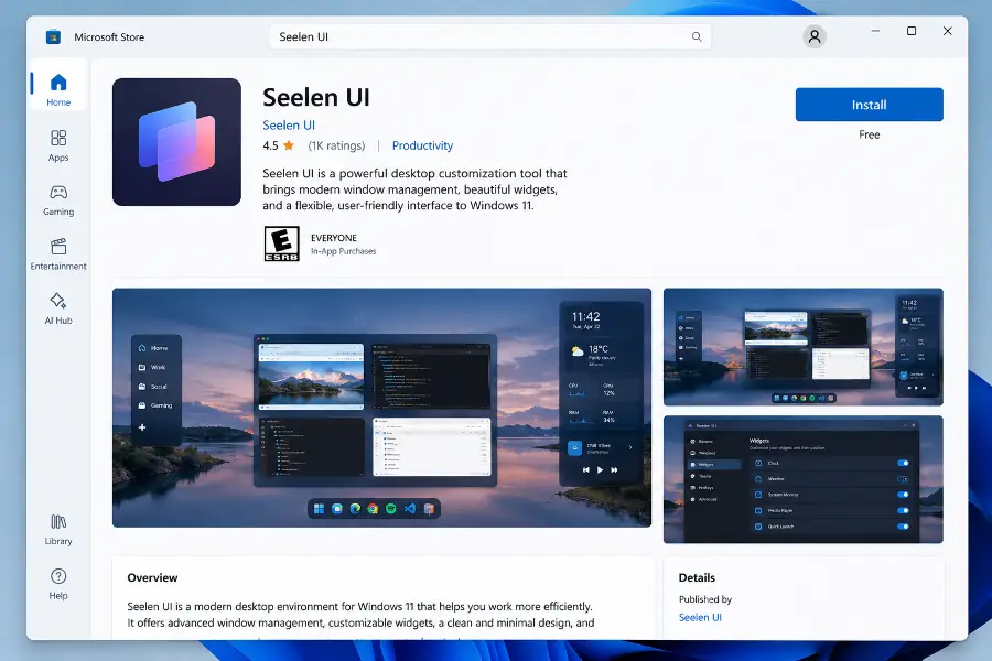 Microsoft Store search results page showing the Seelen UI app listing on Windows 11