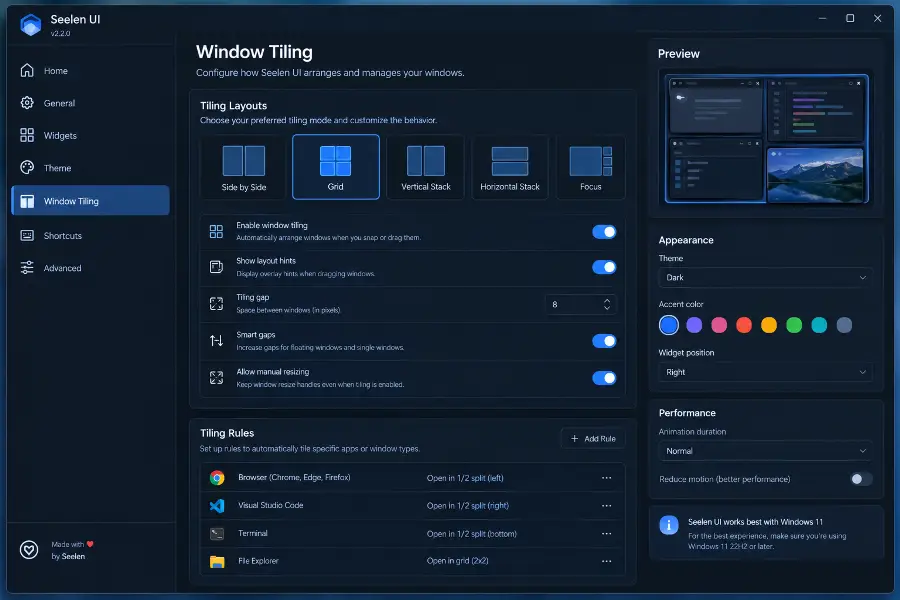 Seelen UI settings panel showing theme, widget, and window tiling customization options on Windows 11