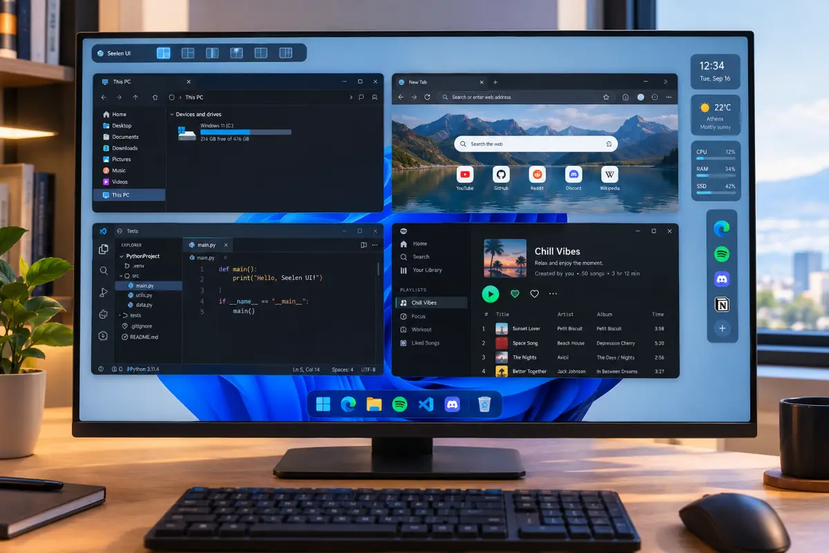 Seelen UI desktop customization on Windows 10 and Windows 11 with widgets and automatic window organization