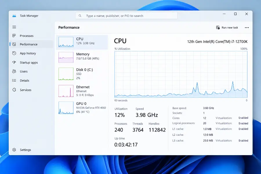 Windows 11 Task Manager Performance tab showing Virtualization: Enabled under the CPU graph