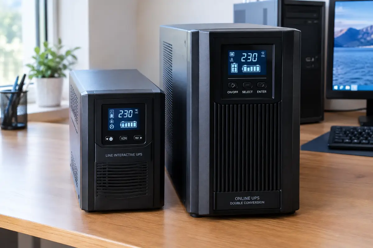 Two UPS units side by side on an office desk next to a desktop PC