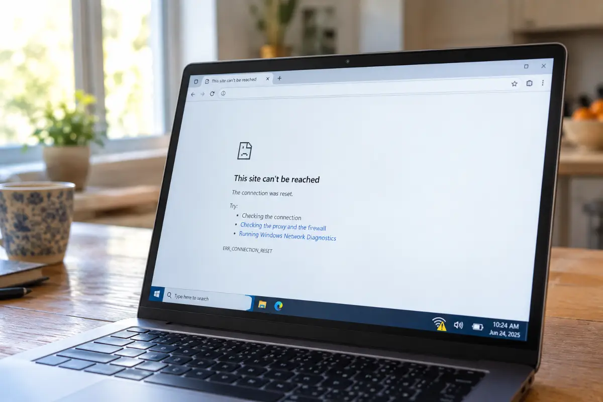 A laptop screen showing a full Wi-Fi icon with a warning symbol and a page that will not load