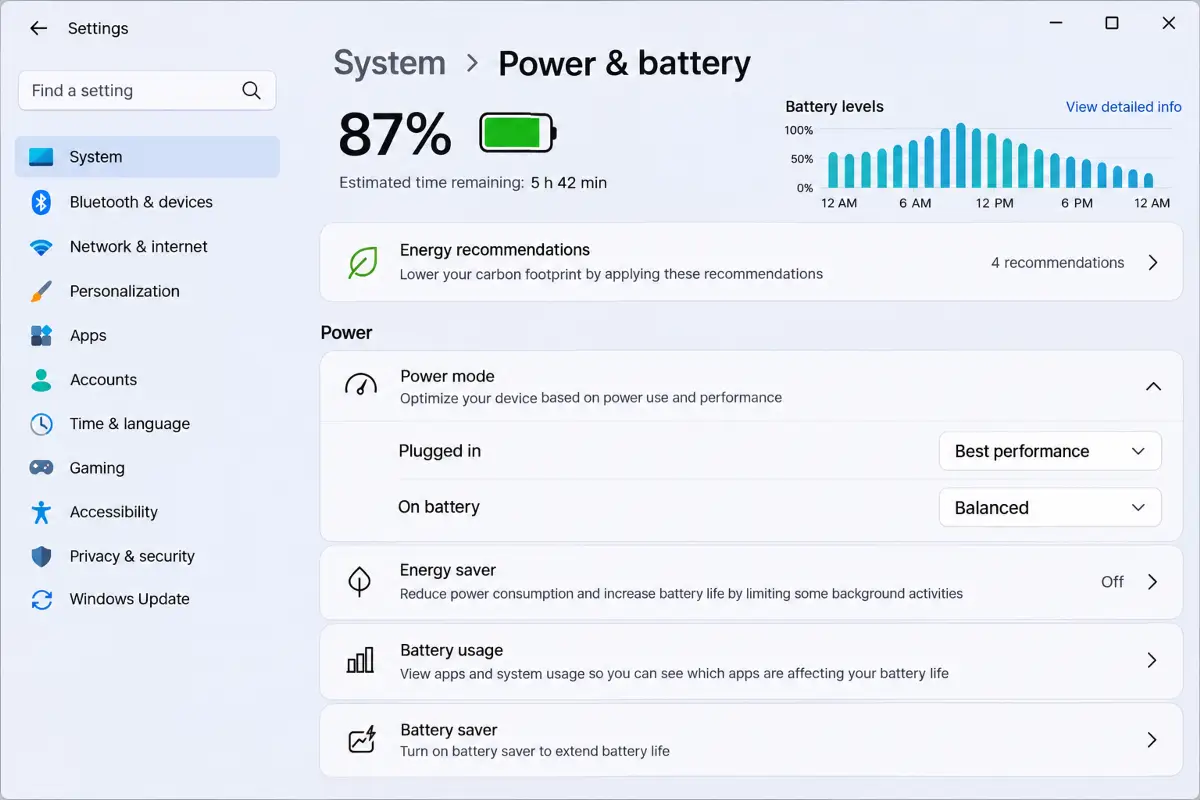 Windows 11 Power and battery settings with Power mode set to Best performance