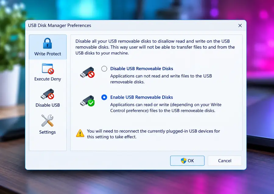 Το περιβάλλον εργασίας του USB Disk Manager στα Windows για έλεγχο πρόσβασης USB συσκευών.