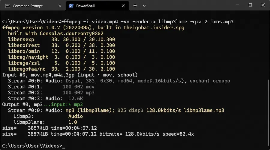 Το Τερματικό με την εντολή ffmpeg για εξαγωγή ήχου MP3