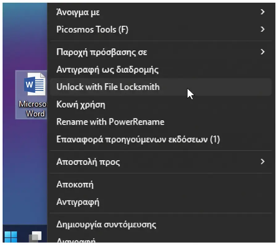 Δεξί κλικ σε κλειδωμένο αρχείο στα Windows 11 και επιλογή File Locksmith από το μενού