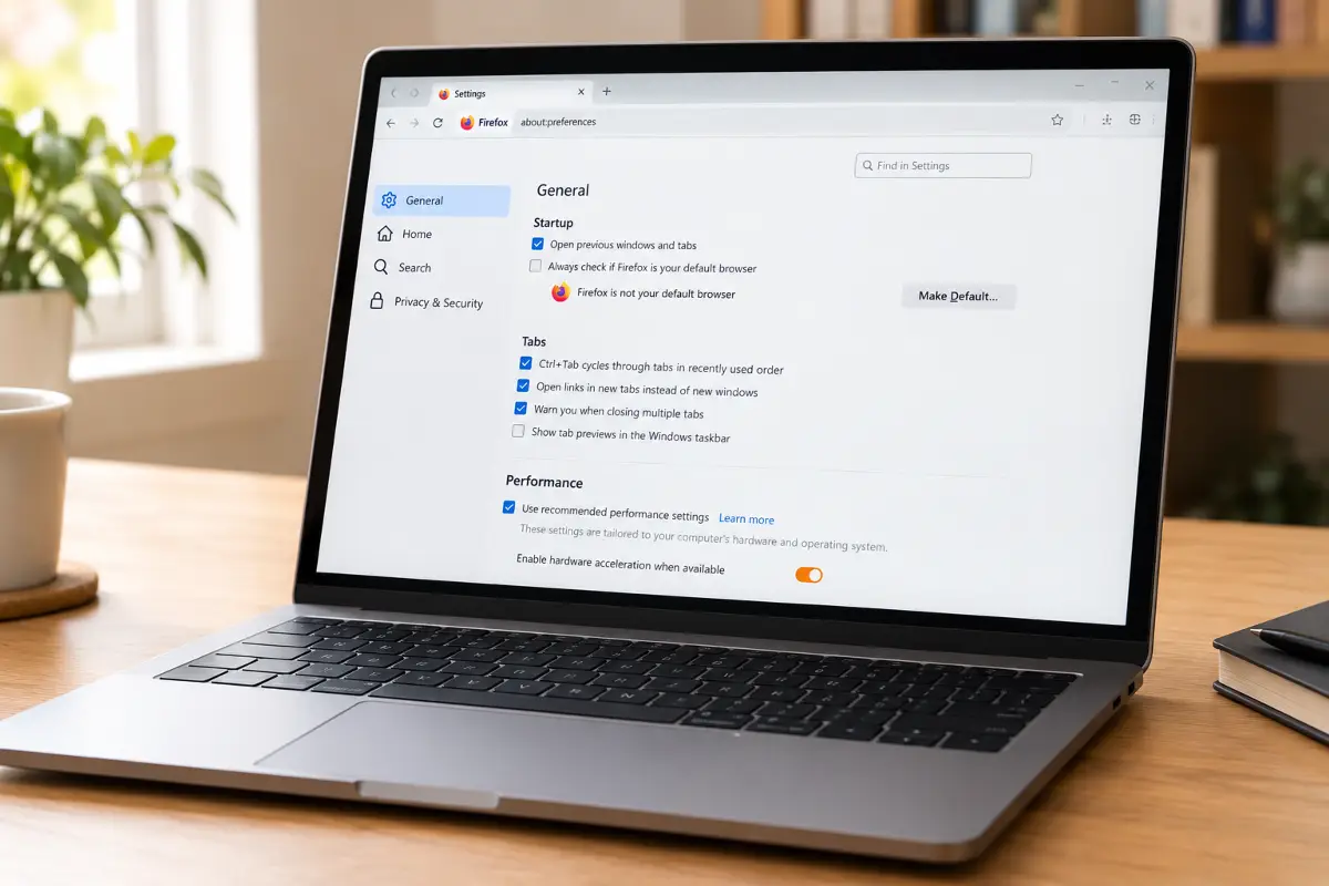 Η σελίδα Ρυθμίσεων του Firefox ανοιχτή σε laptop, με επισημασμένους διακόπτες για κρυφές λειτουργίες