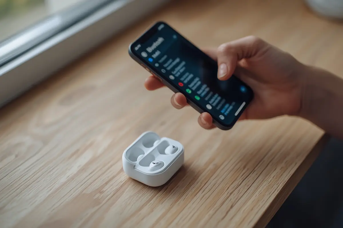 Smartphone showing a Bluetooth device list next to wireless earbuds in an open charging case with a blinking white light