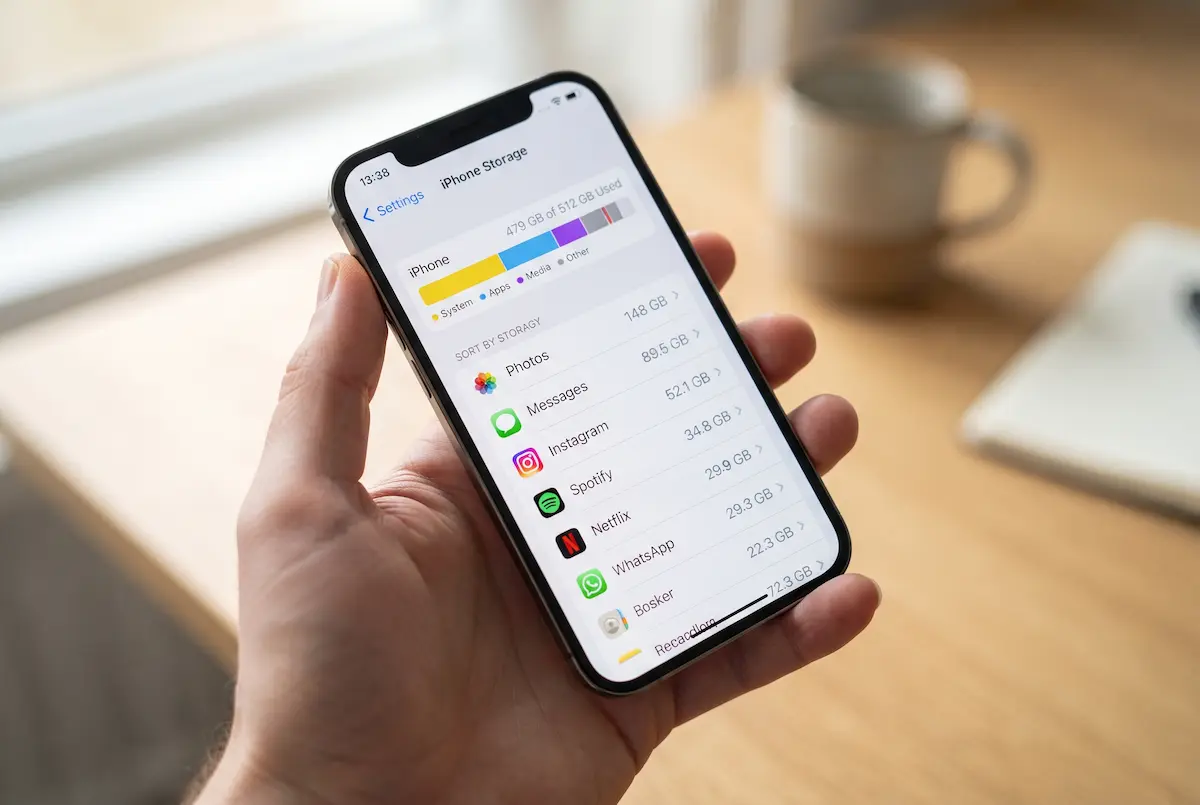 iPhone showing the iPhone Storage screen in Settings with a nearly full storage bar