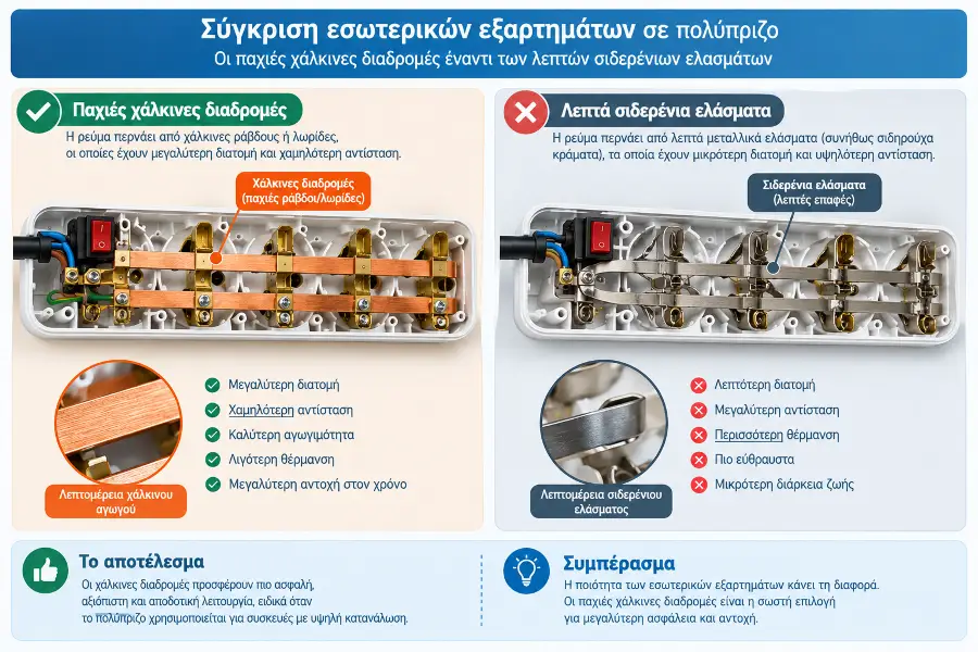 Τεχνική τομή που συγκρίνει το εσωτερικό ενός φθηνού και ενός ποιοτικού πολύπριζου
