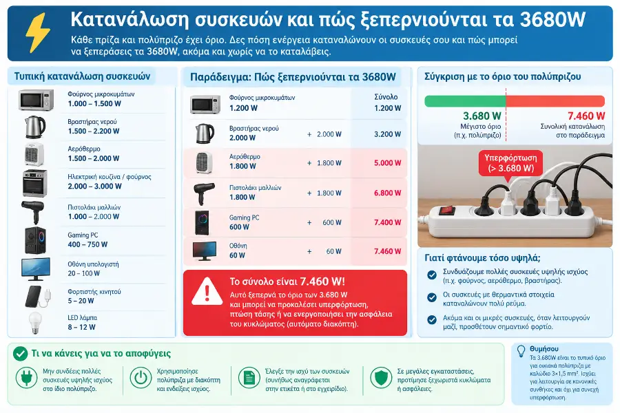 Διάγραμμα που δείχνει πώς οι οικιακές συσκευές αθροίζουν watt μέχρι το όριο 3680W ενός πολύπριζου
