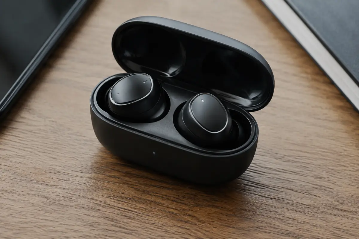 Σύγχρονα ασύρματα ακουστικά Bluetooth τοποθετημένα στη θήκη φόρτισής τους