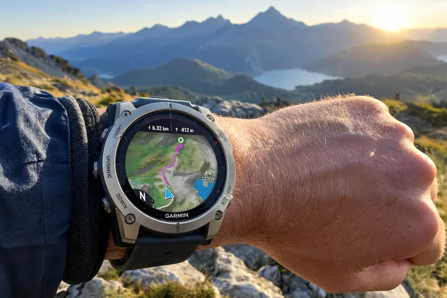Garmin Fenix 9 Pro Solar με θήκη από τιτάνιο στον καρπό ορειβάτη
