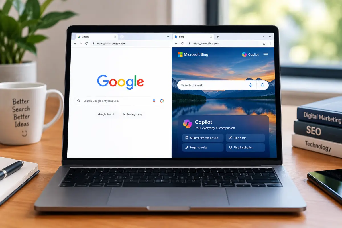 Σύγκριση των μηχανών αναζήτησης Google και Bing σε οθόνη υπολογιστή