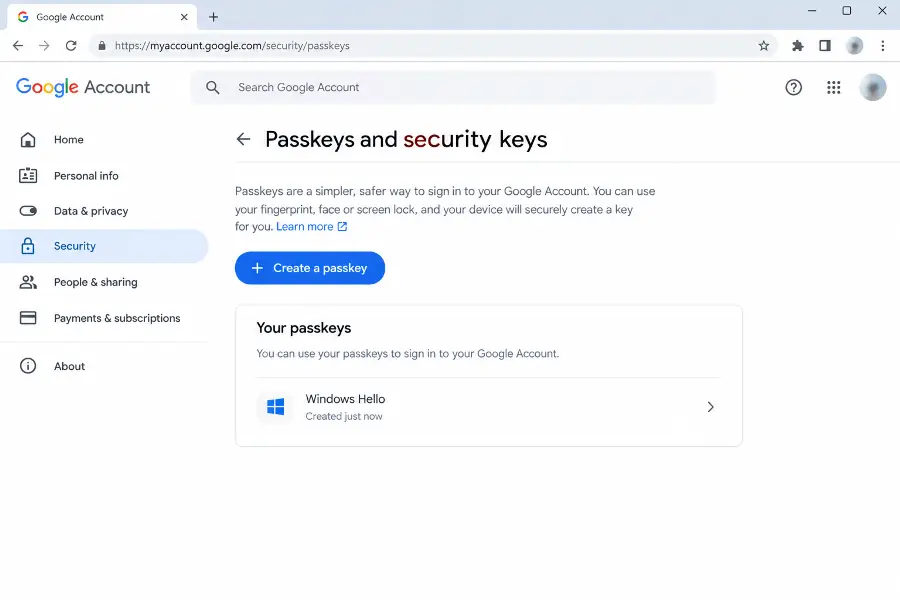 Google account Passkeys and security keys page with the Create a passkey button
