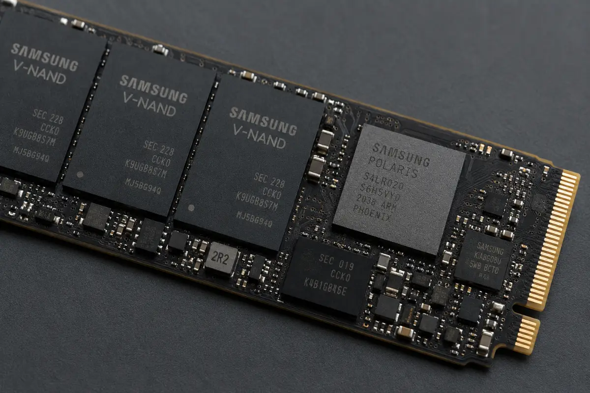 Εσωτερικό SSD και τσιπάκια NAND flash σε πλακέτα