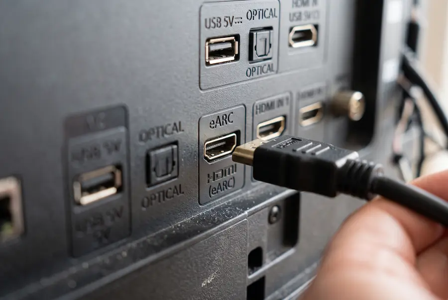 Θύρα HDMI eARC στο πίσω μέρος τηλεόρασης με συνδεδεμένο καλώδιο