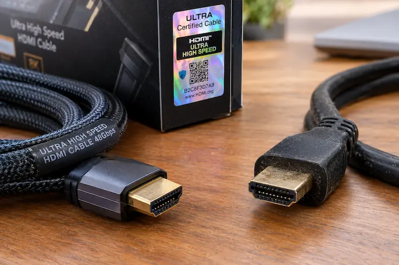 Καλώδιο HDMI Ultra High Speed με σήμανση 48G δίπλα σε παλιότερο καλώδιο χωρίς εμφανή σήμανση
