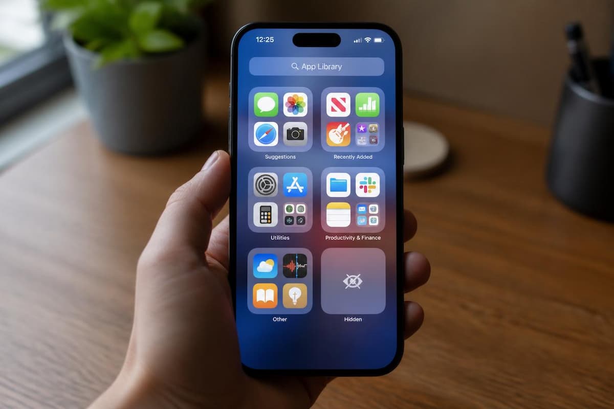 iPhone showing the App Library with the Hidden folder at the bottom