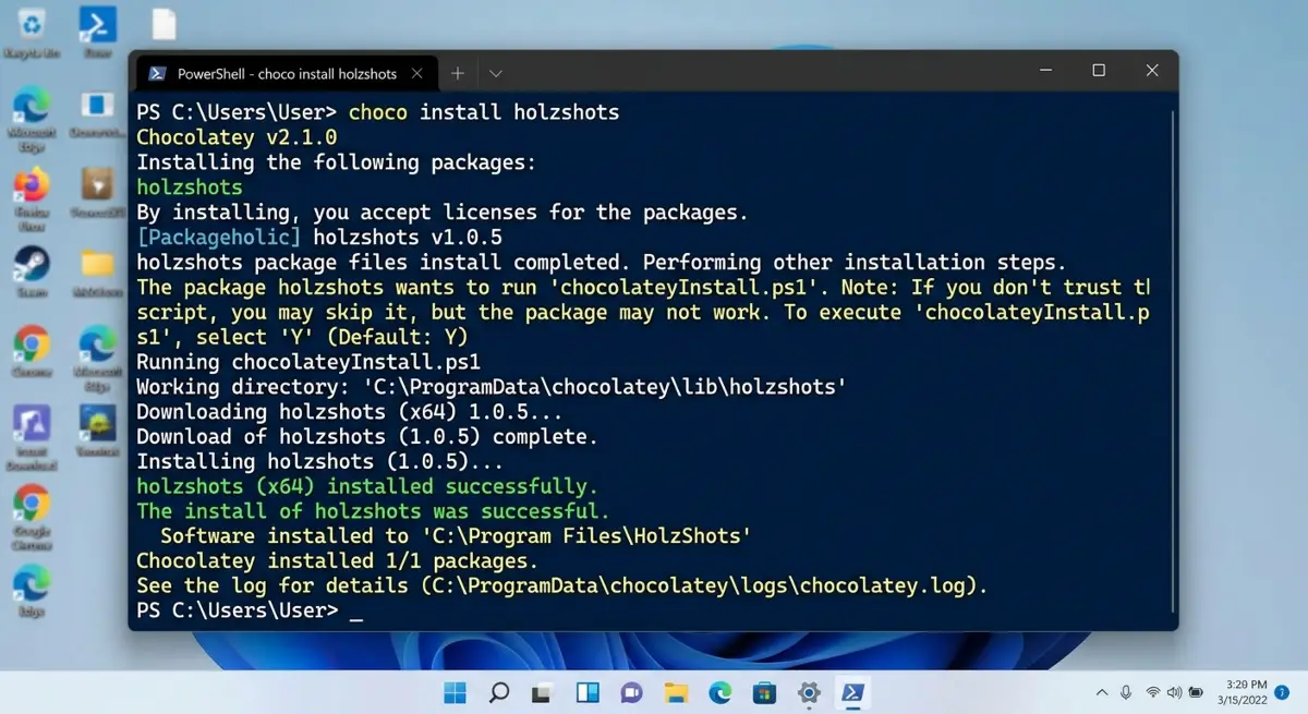 Εγκατάσταση του HolzShots με την εντολή choco install holzshots