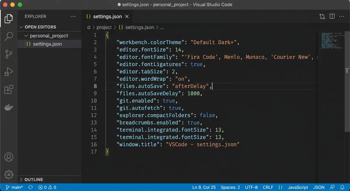 Αρχείο ρυθμίσεων JSON του HolzShots ανοιχτό στο VSCode