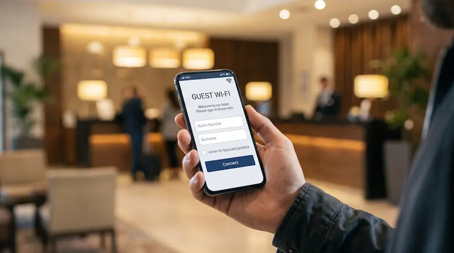 A hotel Wi-Fi login page open on a phone, asking for a room number before internet access is granted
